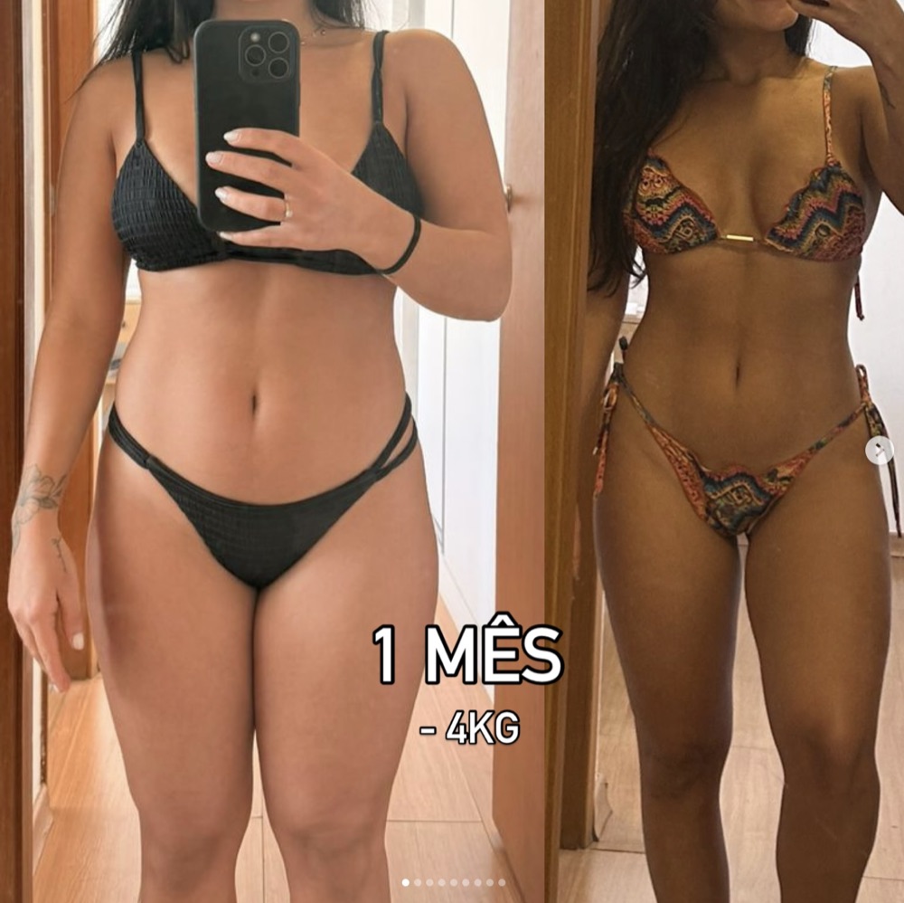 Antes e depois de aluna com redução de 4 quilos em 1 mês.