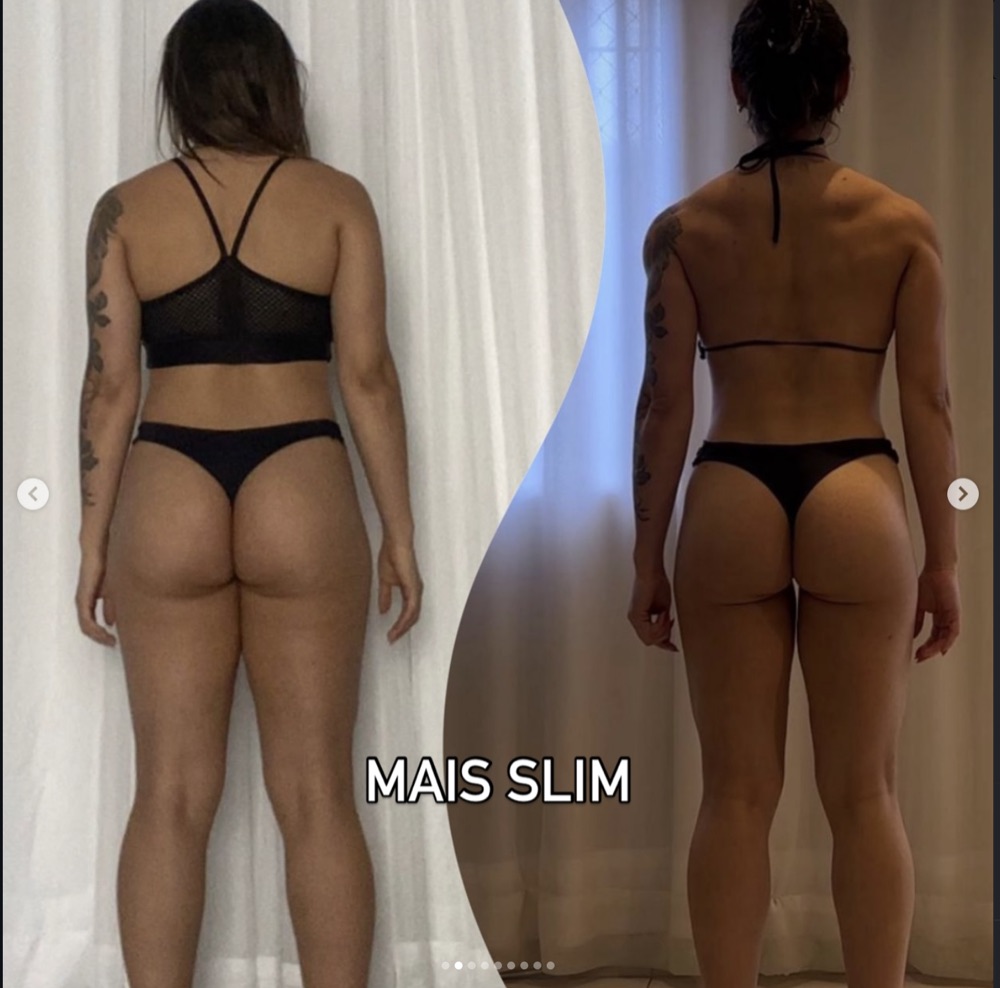 Antes e depois de aluna vista de costas, com corpo mais slim.