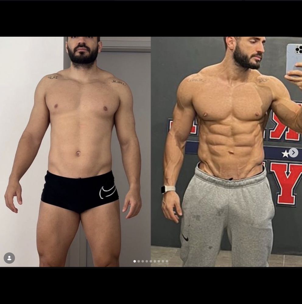 Antes e depois de aluno com redução de gordura e ganho de definição.