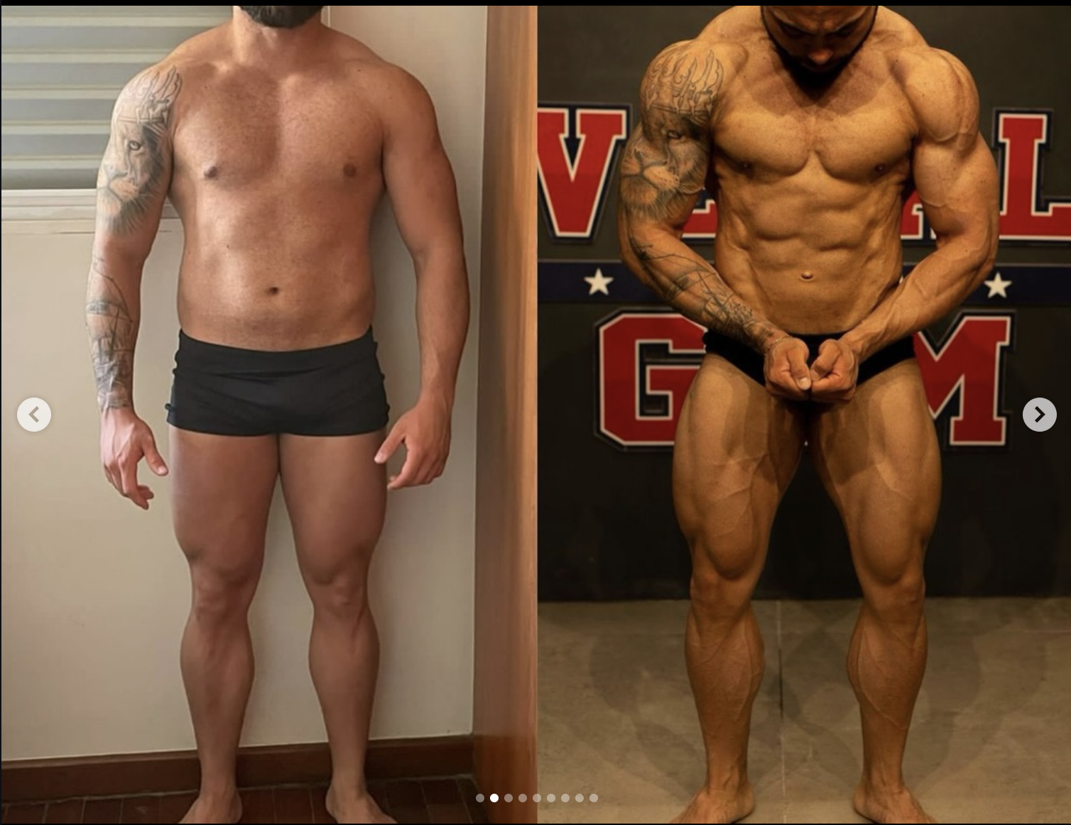 Antes e depois de aluno com evolução muscular e abdominal mais aparente.